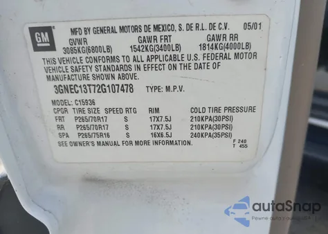 2002 Chevrolet Avalanche 1500 из США, поврежденный, VIN 3GNEC13T72G107478